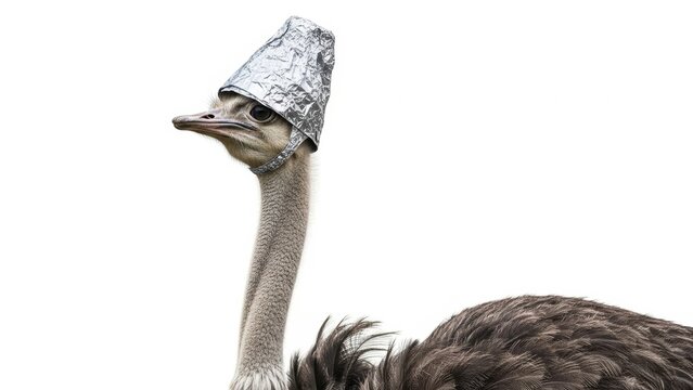 ostrich wearing a tinfoil hat, paranoid, paranoia, on a white background, animal photo