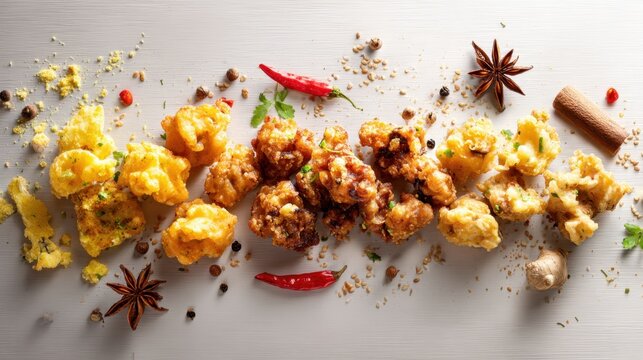 Assorted fried snacks with spices and peppers on wooden background - Powered by Adobe
