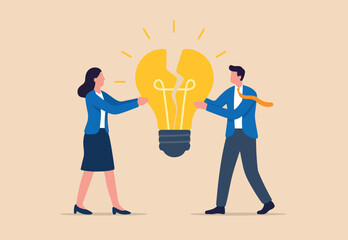 Combine idea, synergy or collaborate to get solution, brainstorm, teamwork or think together to develop great idea concept, businessman, businesswoman join or combine lightbulb idea for best result
