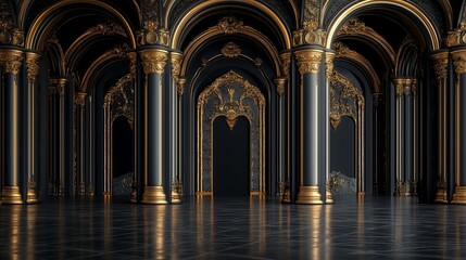 Fototapeta premium Elegant black palace hall with golden details and marble flooring