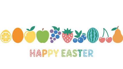 Colorful assortment of fresh fruits and happy easter text decoration for spring celebration