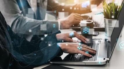 Modern Workspace with Laptop, Professional Hands Typing, Digital Communication Icons, Business Collaboration Concept, Teamwork and Innovation in Office Environment xenic. - Powered by Adobe