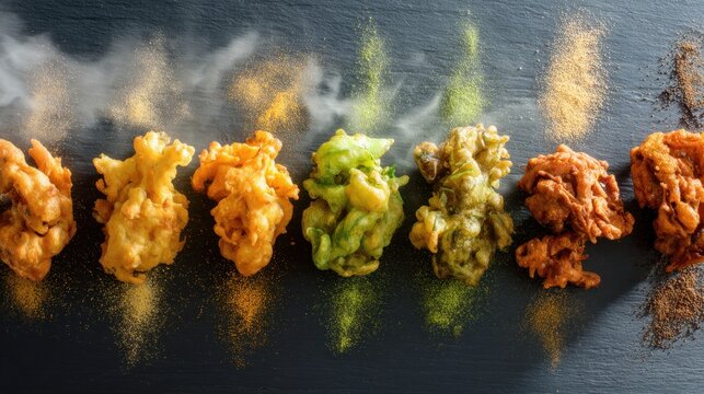 Assorted spicy pakoras on slate board with colorful spices for gourmet cooking,National Fritters Day