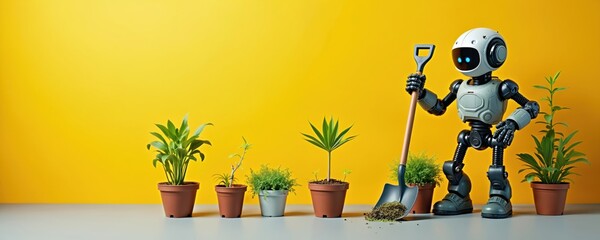 Robotic gardener holds shovel near potted plants. Mechanical worker tends plants with tools. AI bot cultivates small plants, new growth in pots.