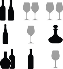 Stylized Collection of Wine Bottles, Decanters, and Stemware Silhouettes, Ideal for Wine Tasting, Restaurant Menus, and Elegant Beverage Graphics.