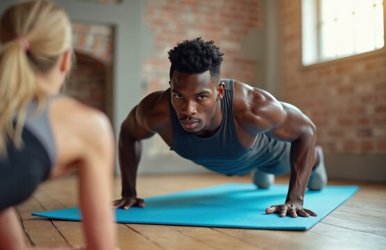 Muscular man does pushups on blue mat in gym class. Woman watches him from front. Healthy people train together indoors. Focused guy builds strong body.