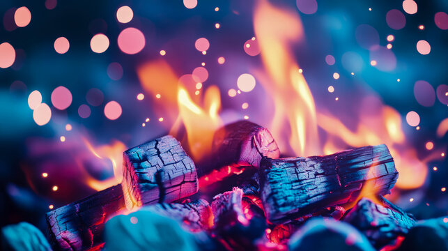 Intense close-up of burning wood and glowing charcoal with vivid blue, purple, and orange flames, surrounded by sparkling bokeh lights and abstract glow