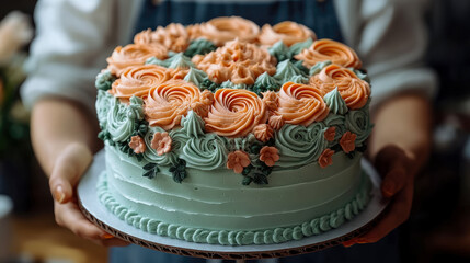 Close-up of baker's hands gently presenting charming mint green cake adorned with vibrant orange and subtle green buttercream floral decorations
