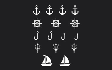 Set of White Silhouette Nautical and Maritime Icons Including Anchors, Ship Wheels, Hooks, and Sailboats on a Black Background for Adventure Design.