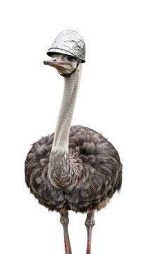 ostrich wearing a tinfoil hat, paranoid, paranoia, on a white background, animal photo
