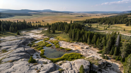 High view of yellowstone landscape with green forest hot springs and distant mountains under calm sky