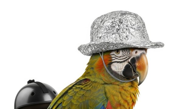parrot wearing a tinfoil hat, paranoid, paranoia, on a white background, animal photo