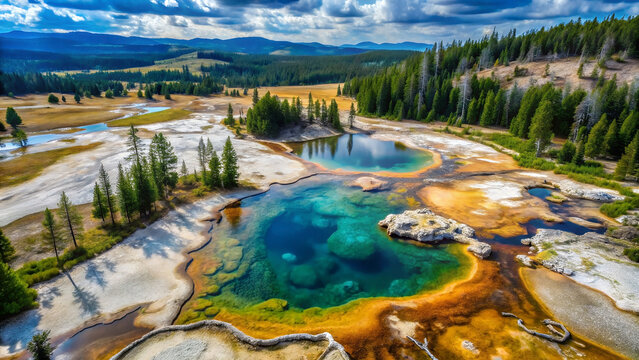 Vivid geothermal hot spring pools with colorful edges in expansive forest wilderness of yellowstone