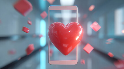 Glossy heart icon floating above a smartphone screen in a bright, modern space