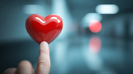 Glossy heart icon held by a finger in a modern setting