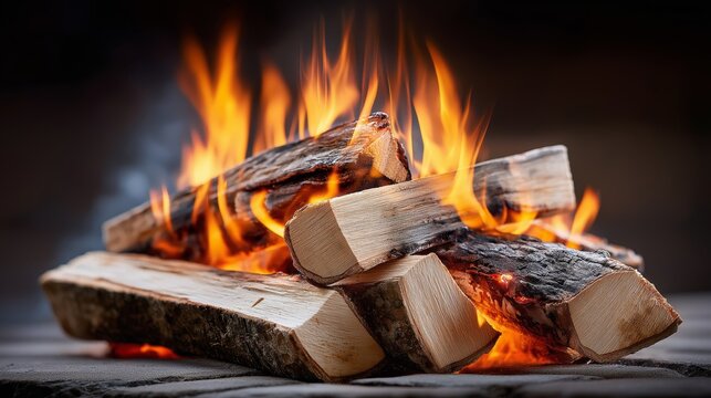Burning wooden logs with bright glowing flames creating a warm rustic and atmospheric fire scene perfect for winter coziness and natural heat themes, Generative AI