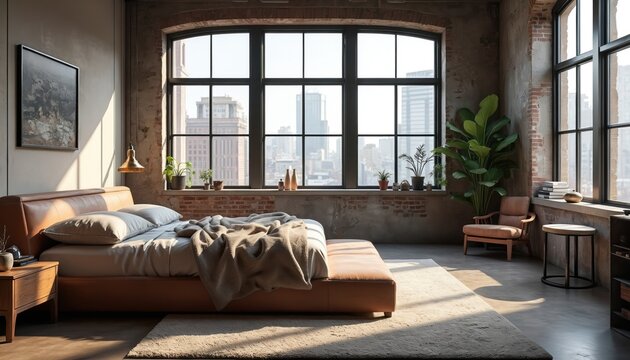 Modern industrial loft bedroom with large windows showing city skyline. Features concrete floors a plush rug leather bed and eclectic decor. Sunlight streams creating a warm inviting atmosphere. - Powered by Adobe
