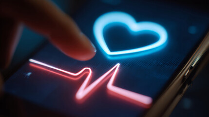 Neon heart icon displayed on smartphone screen with a finger touching it in a dimly lit environment