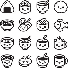 Adorable Foodie Icons: Anime Style Bento, Noodle Bowl, and Tea Cups