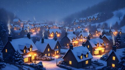 Snowy Village Night Lights