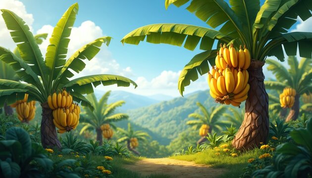 Ripe banana bunches hang from trees on a lush green plantation. The tropical landscape shows rolling hills under a blue sky. A dirt path winds through vibrant vegetation and yellow flowers.