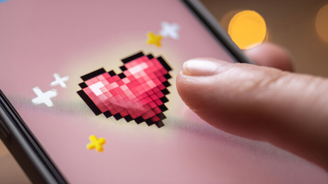 Pixel art heart displayed on phone screen with finger interaction in a warm light environment