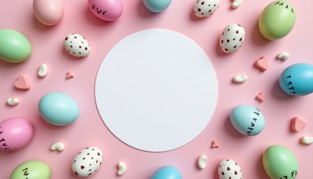 Colorful Easter Eggs and Heart Candies Arranged on a Pink Background with Blank Circle for Customization