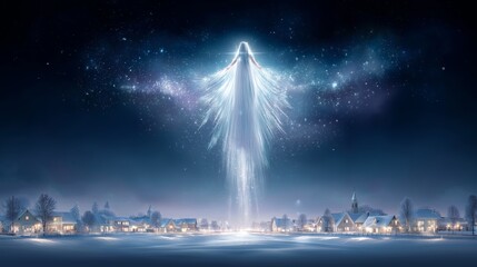 Glowing celestial angel spreading radiant wings above a snowy winter city, creating a magical festive atmosphere filled with peace and holiday wonder, Generative AI