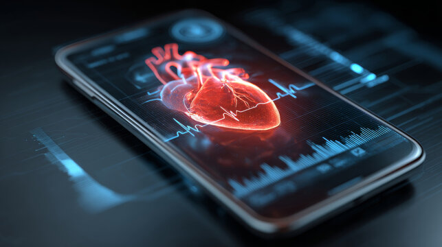 Soft glowing medical heart icon displayed on a smartphone screen highlighting health monitoring technology - Powered by Adobe