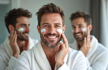 Three men wear white robes applying face cream to skin. Happy models smile while enjoying skincare routine. Friends spend time together at spa. Facial treatment and grooming concept.