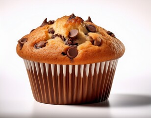 single chocolate chip muffin in brown paper liner