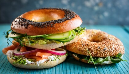 stacked bagels various toppings soft delicious