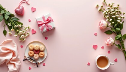 Delicate Sweet Treats with Floral Accents on a Soft Pink Background for Romantic Celebrations and Enjoyment