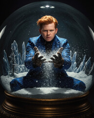 A yoiung man in a snow globe throwing snow in a winter fantasy setting