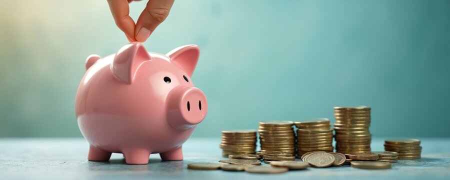 Person adds coin to pink piggy bank near stacked gold coins. Concept of saving money for future expenses like health insurance or emergencies. Financial planning and investment.