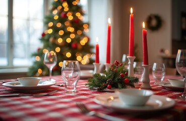 Christmas dining table set for festive holiday meal. Bright red candles glow warmly, evergreens, berries adorn centerpiece. White plates, clean glasses, shining cutlery arranged on cozy red checkered
