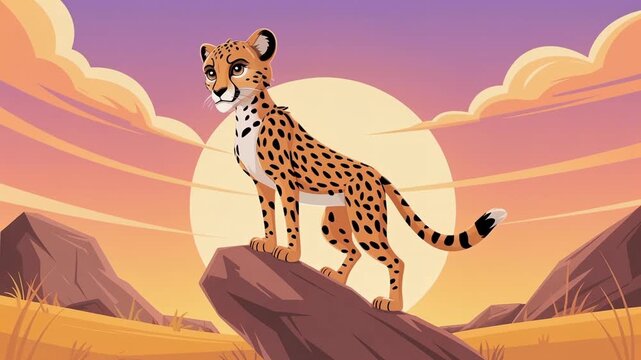 Proud cartoon cheetah standing on rock at colorful sunset