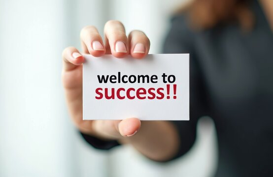 Woman holds business card with welcome to success message. Concept for greeting onboarding new employee or congratulating achievements. Business announcement of successful goals and targets reached.