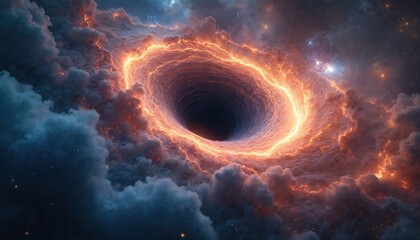 Fototapeta premium Illustration presents cosmic wormhole in space. Celestial tunnel surrounded by glowing clouds creates visual spectacle. Concept shows time travel. It represents futuristic tech or science fiction.