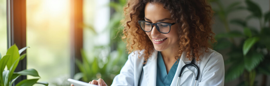 Female doctor in glasses smiles using tablet device in clinic. Professional health expert wearing white coat and stethoscope. She studies or reads information online - Powered by Adobe