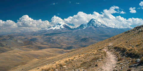 two massive, snow-covered volcanic peaks under a brilliant blue sky with thick white clouds, towering over a vast, arid, rocky valley landscape, with a hiker's trail descending the foreground slope.