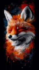 Obraz premium Vibrant expressive watercolor portrait of serene red fox with closed eyes, featuring fiery orange and white fur against dynamic paint splatters and ink washes on dramatic dark background.
