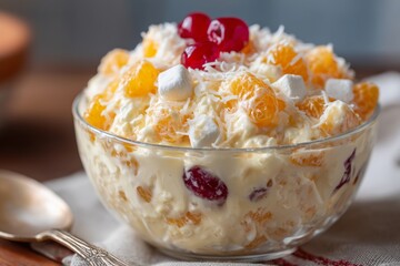 Close up of a glass bowl filled with creamy ambrosia salad, featuring vibrant fruits and marshmallows, creating a delightful and colorful dessert presentation