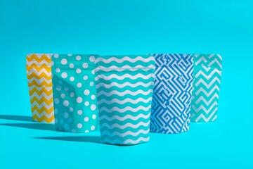 Colorful blank matte doypack bags with abstract geometric prints in zigzag and polka dot patterns, arranged artistically against a vibrant blue background