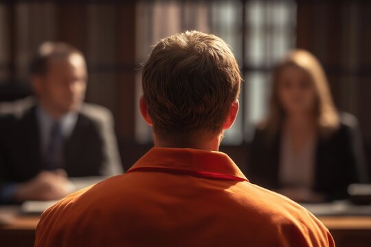 Inmate in Orange Jumpsuit Facing a Panel During a Parole Hearing or Trial