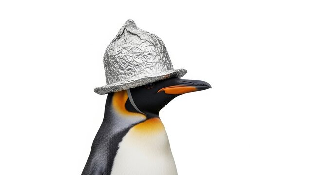 penguin wearing a tinfoil hat, paranoid, paranoia, on a white background, animal photo