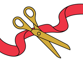 Gold scissors cutting a red ribbon, symbolizing opening or beginning.