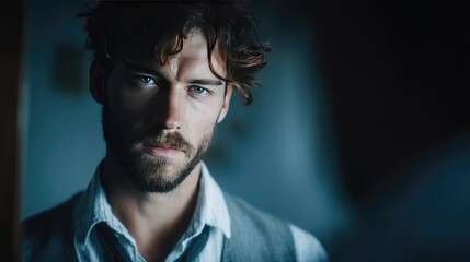 Contemplative Portrait of a Young Bearded Man with Intense Blue Eyes Gazing Thoughtfully