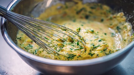 Preparing flavorful herb and cheese omelette batter in stainless steel bowl