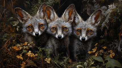 Obraz premium Three curious wild grey fox kits with captivating golden eyes emerge from dense, textured forest undergrowth, observing their surroundings with watchful gaze